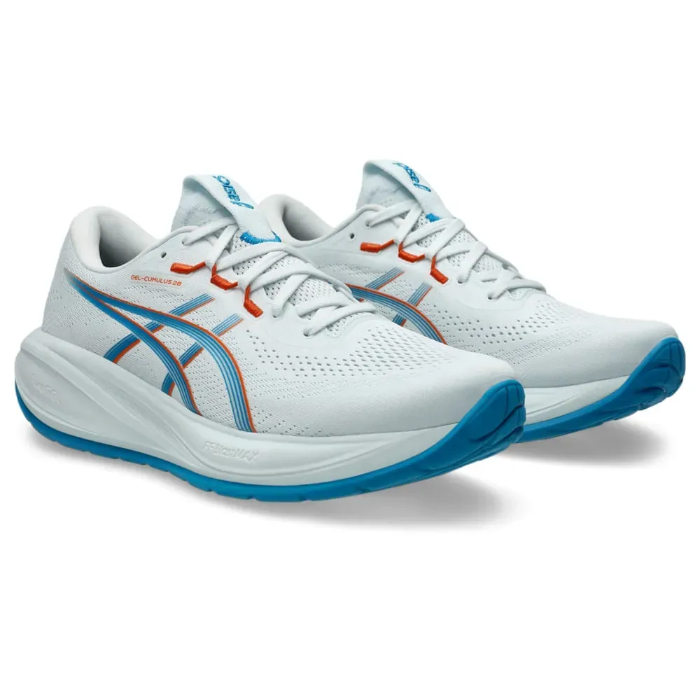 Tênis Asics Gel-Cumulus 28 masculino azul vista superior mostrando detalhes do cabedal e cadarço.